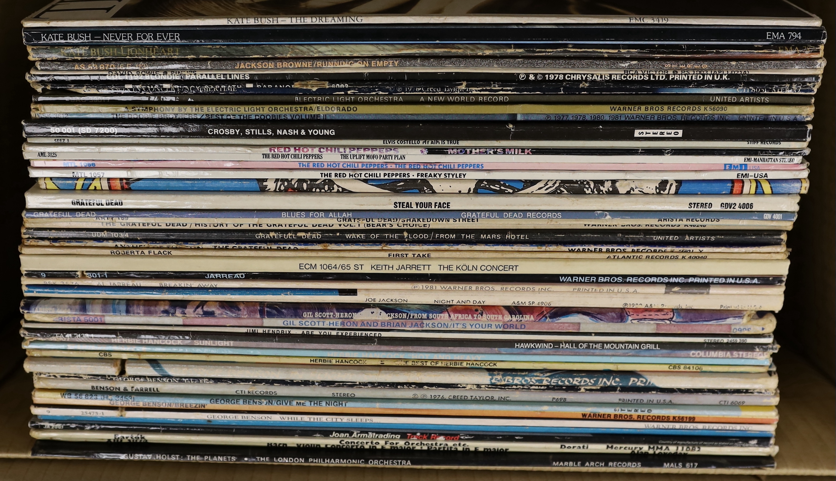 Forty-two mainly 1970's-80's LPs including, Kate Bush, David Bowie, Black Sabbath, ELO, Crosby, Stills, Nash & Young, Red Hot Chili Peppers, Grateful Dead, Jimi Hendrix, Hawkwind, Herbie Hancock, George Benson, etc.
